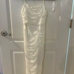 Lulu's Cream Pearl-Embellished Ruched Maxi Slip Dress